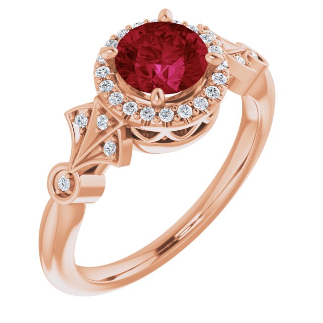 14K Rose Lab-Grown Ruby & 1/8 CTW Natural Diamond Ring  